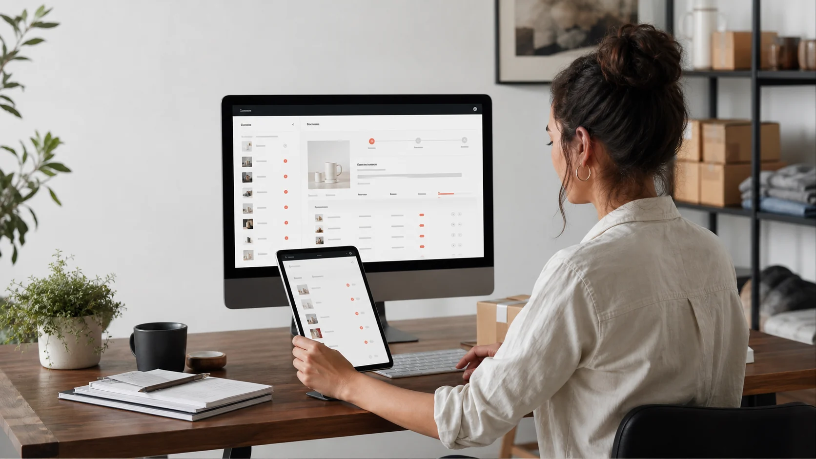 Seller working with a privacy-safe editorial representation of a commerce workspace