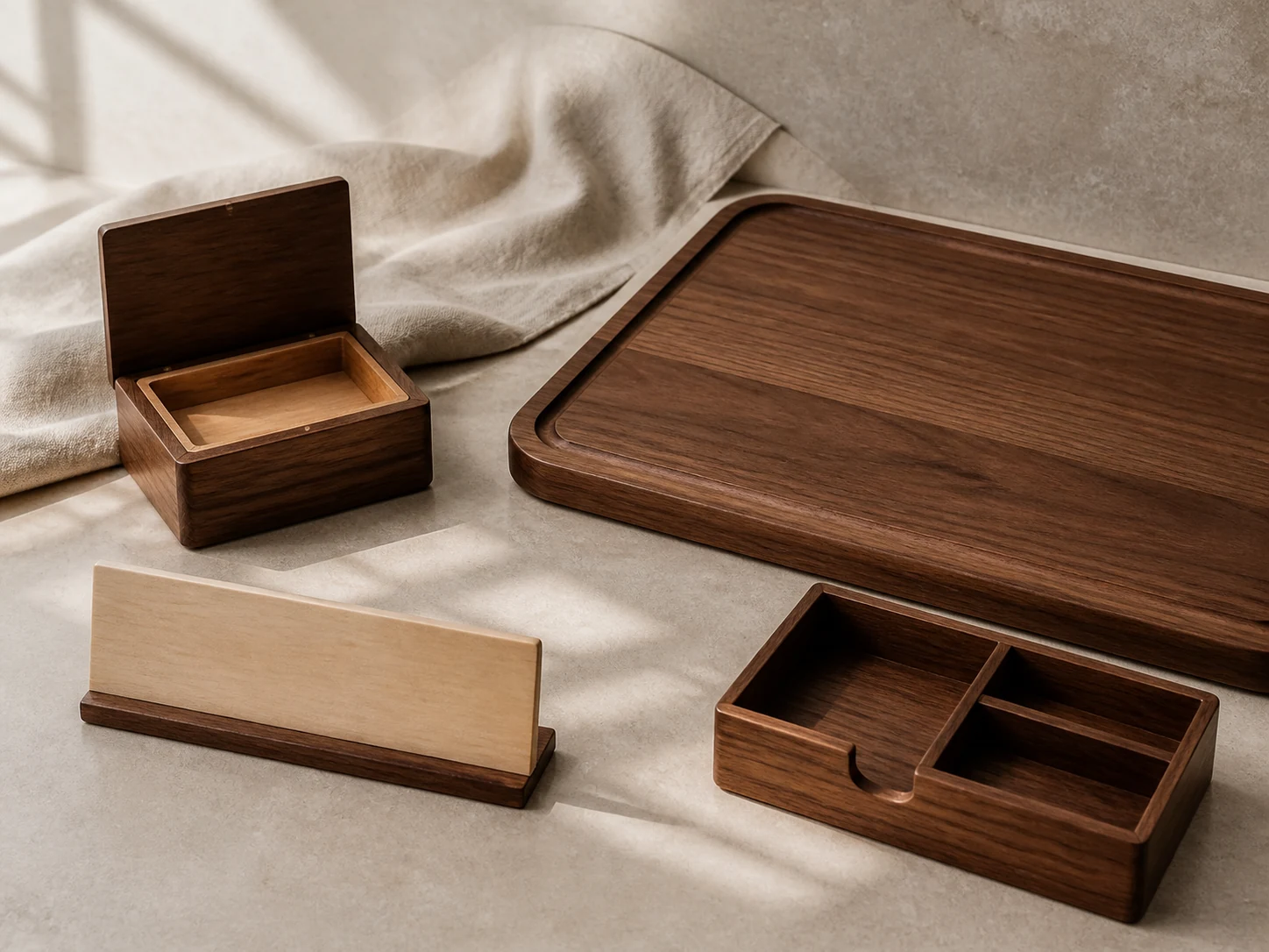 A curated group of wood objects ready for personalization